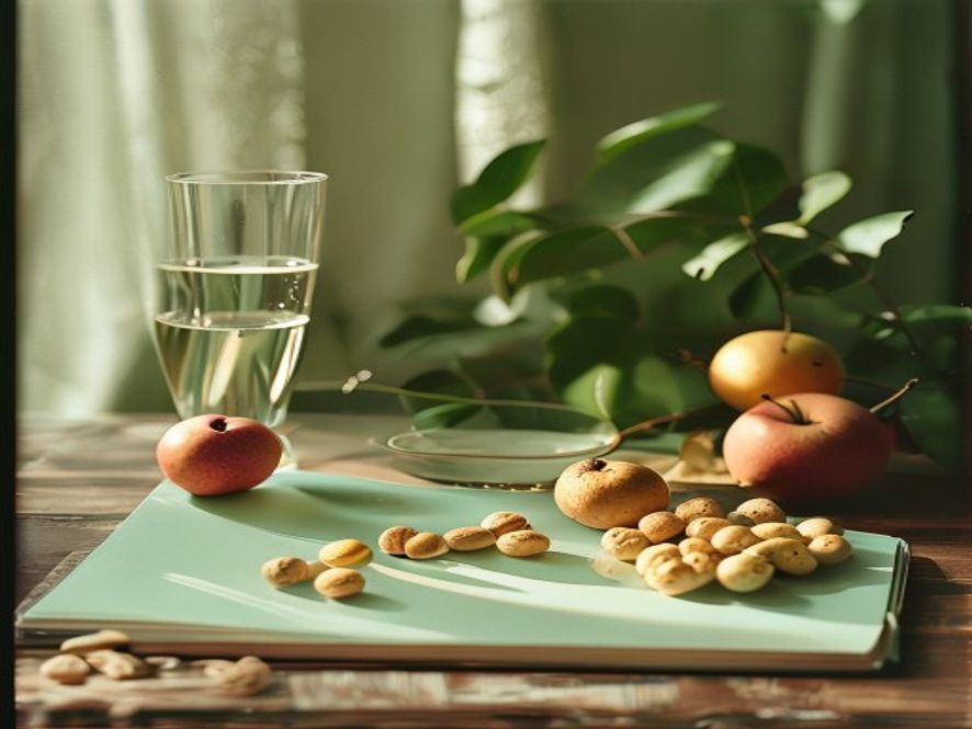 Desk with water bottle, fresh fruit, and nuts representing mindful snacking