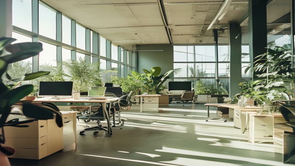Bright modern office space with plants and natural light promoting employee wellbeing