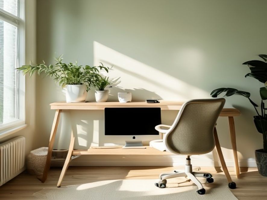 Modern office with standing desk and ergonomic seating by a bright window