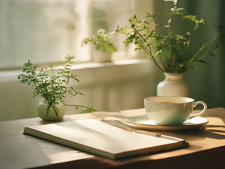 Tea and healthy snacks on a desk with notebook and plants