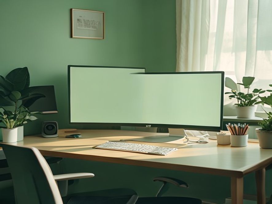 Ergonomic office workspace with proper chair, desk height, and monitor positioning